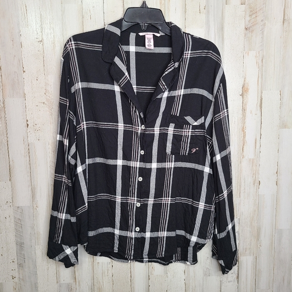 Victoria's Secret Black Plaid Button Front Sleep Shirt Ladies Size Large - Picture 9 of 10